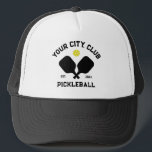 Pickleball Club Team Player Custom Pickle Gift Trucker Hat<br><div class="desc">Standout on the pickleball court in this super cool hat featuring crossed pickleball paddles, a ball and your custom text. Easily change the wording to include your pickleball club name, team name, city/location or any wording your choose. Also change the font and graphic colors - just click edit/personalize. Makes an...</div>