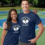 Pickleball Club Team Player Custom Pickler Gift T-Shirt<br><div class="desc">Standout on the pickleball court in this awesome t-shirt featuring crossed pickleball paddles, a ball and your custom text. Easily change the wording to include your pickleball club name, player name, team name, city/location or any wording of your choose. Also change the font and graphic colors - just click edit/personalize....</div>