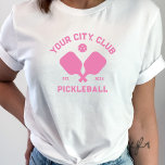 Pickleball Club Team Player Custom Pickler Gift T-Shirt<br><div class="desc">Standout on the pickleball court in this super cool t-shirt featuring crossed pickleball paddles, a ball and your custom text. Easily change the wording to include your pickleball club name, team name, city/location or any wording your choose. Also change the font and graphic colors - just click edit/personalize. Makes an...</div>
