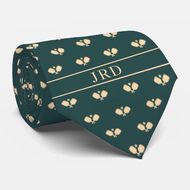 Pickleball Clubs Monogram Name Dark Green Neck Tie (Rolled)