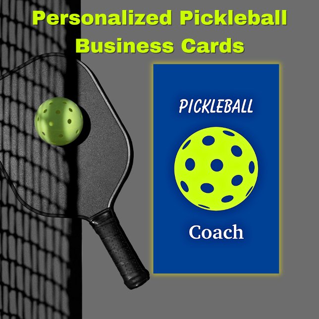 Pickleball Coach Blue Yellow Business Card (Personalized Pickleball Business Cards)