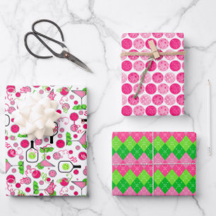  Pickleball Cocktail Preppy Pink Green Celebration Wrapping Paper Sheets