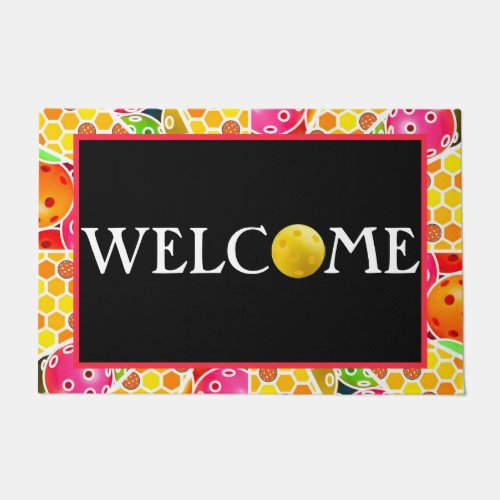 Pickleball_Colorful Balls and Honeycombs Welcome Doormat