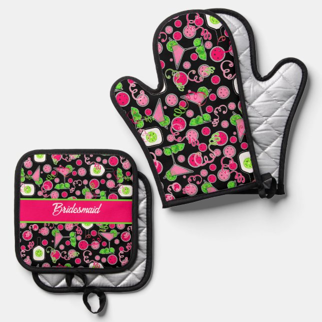 Pickleball Cosmo Cocktail Day Dinking Party Black Oven Mitt & Pot Holder Set (Front/Back)