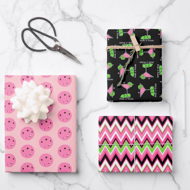 Pickleball Cosmo Cocktail Dinks & Drinks Wrapping Paper Sheets (Front)