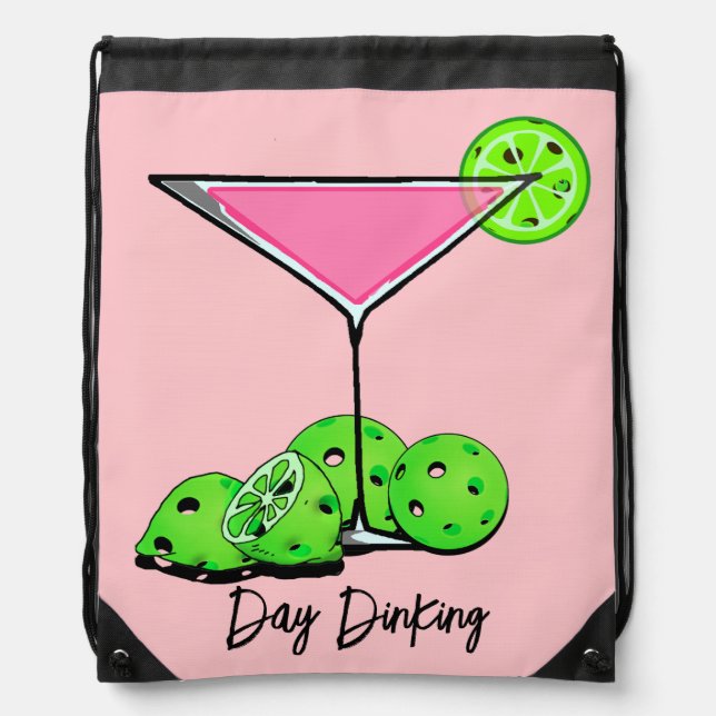 Pickleball Cosmo Cocktail Pink Green Day Dinking Drawstring Bag (Front)