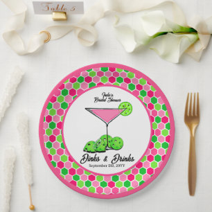 Pickleball Cosmo Dinks & Drinks Pink Honeycomb Paper Plates