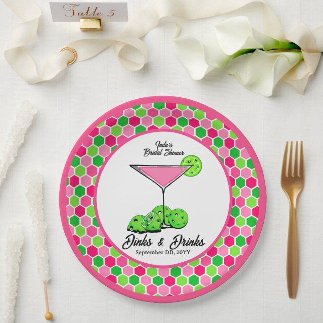 Pickleball Cosmo Dinks & Drinks Pink Honeycomb Paper Plates (Wedding)