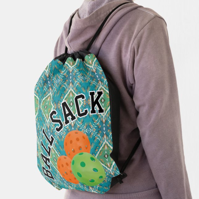 Pickleball Court Ball Sack Orange Green Turquoise Drawstring Bag (Insitu)