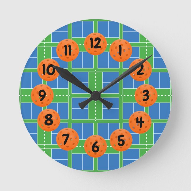Pickleball Courts, Blue, Green, Orange Pickleballs Round Clock (Front)