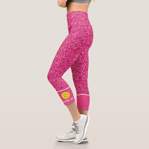 Pickleball Design Bright Pink Glitter Print Custom Capri Leggings