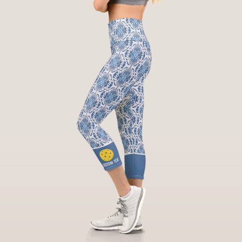 Pickleball Design with Blue Boho Chic Ikat Pattern Capri Leggings
