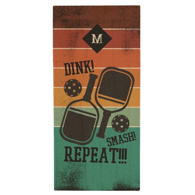 Pickleball Dink Smash Repeat Retro Personalized Wood Flash Drive (Front Vertical)