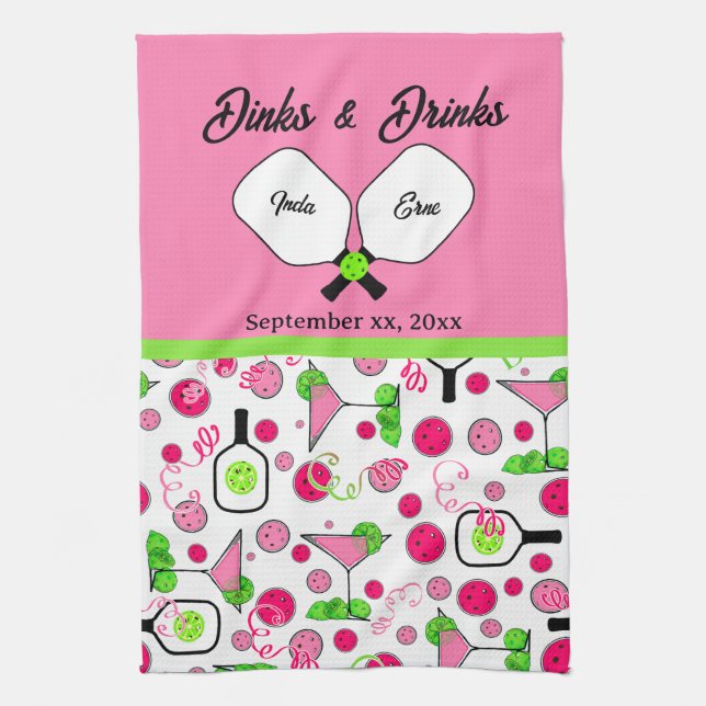 Pickleball Dinks & Drinks Bridal Shower Pink Cosmo Kitchen Towel (Vertical)
