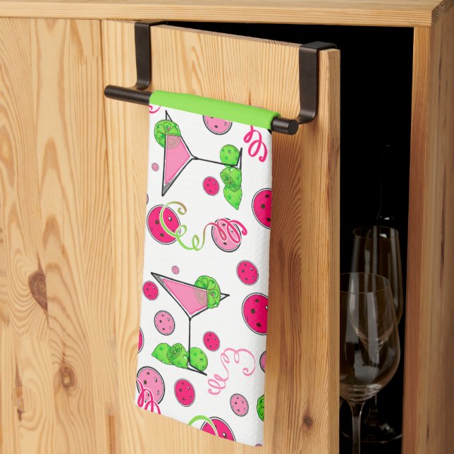 Pickleball Dinks & Drinks Bridal Shower Pink Cosmo Kitchen Towel (Thirds Fold)
