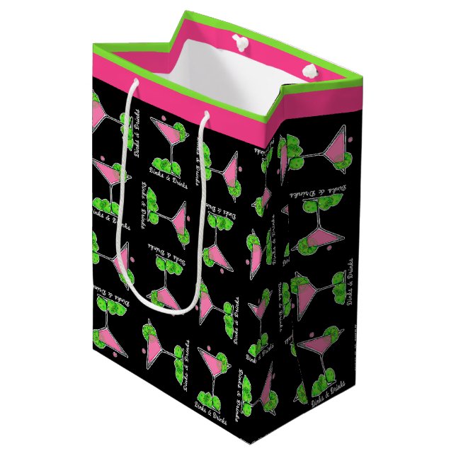 Pickleball Dinks & Drinks Cosmo Pink Cocktail Medium Gift Bag (Front Angled)