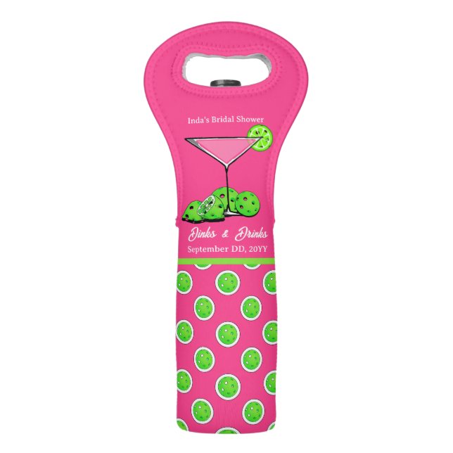 Pickleball Dinks & Drinks Cosmo Pink & Green Wine Bag (Front)