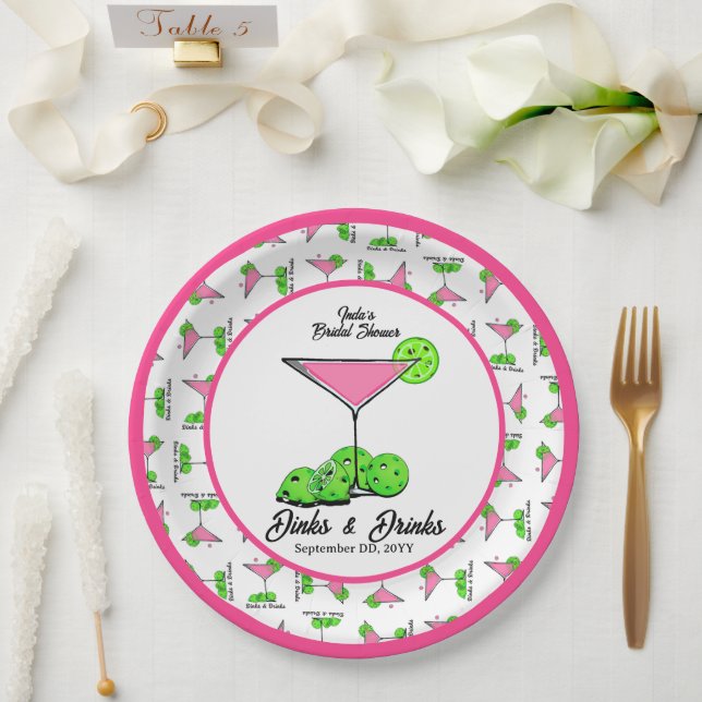 Pickleball Dinks & Drinks Pink Cosmo Cocktails  Paper Plates (Wedding)