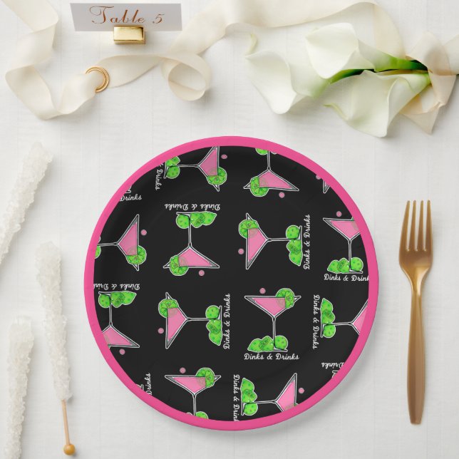 Pickleball Dinks & Drinks Pink Cosmo Cocktails  Paper Plates (Wedding)