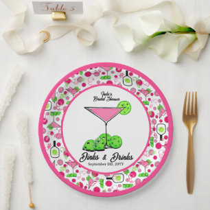 Pickleball Dinks & Drinks Pink Green Cocktails  Paper Plates
