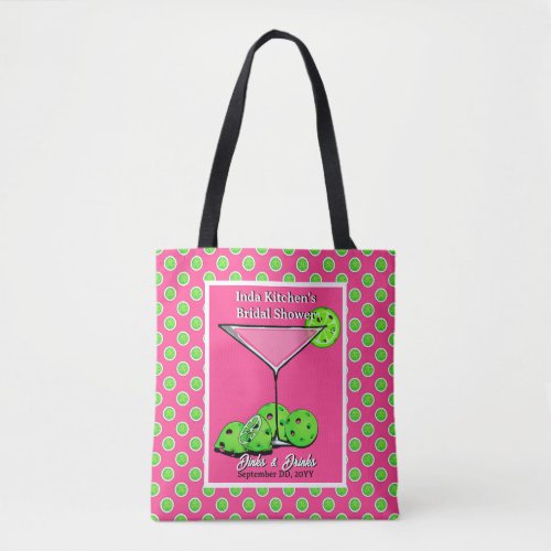 Pickleball Dinks & Drinks Pink & Green Personalize Tote Bag