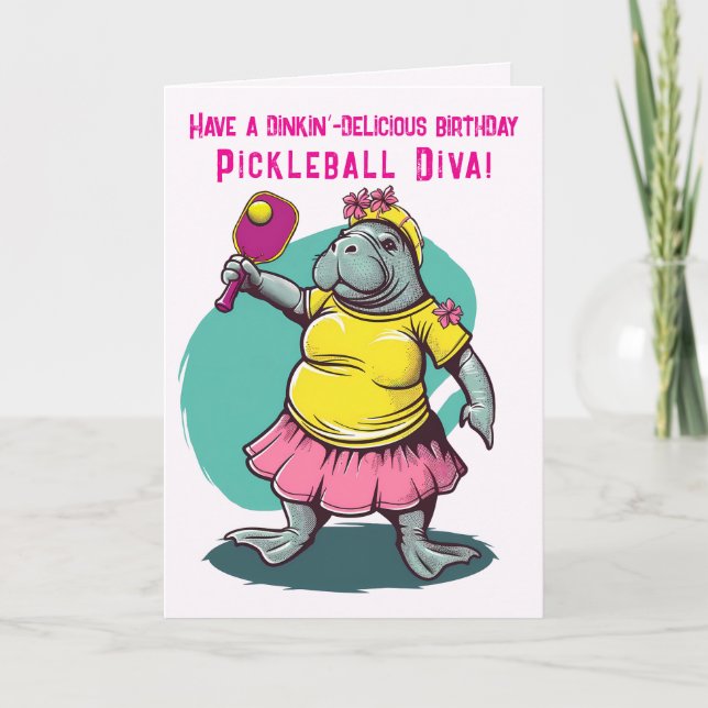 Pickleball Diva with manatee Birthday Holiday Card (Front)