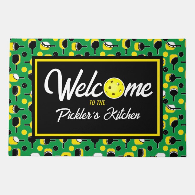 Pickleball Entryway Green Yellow Personalized Doormat (Front)
