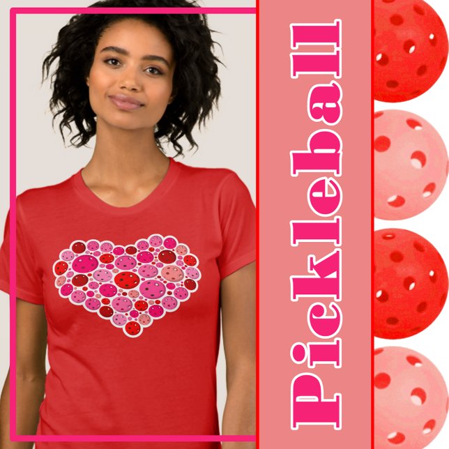 Pickleball Filled Heart Pink and Red Love T-Shirt (Pickleball heart - pink and red pickleballs)