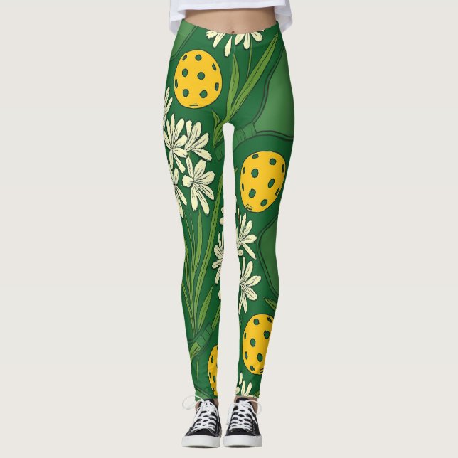 Pickleball Floral Leggings With Stylized Balls (Front)