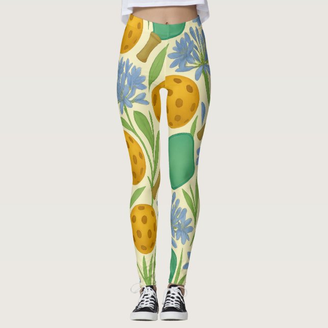 Pickleball Floral Paddle Ball Seamless Print Leggings (Front)