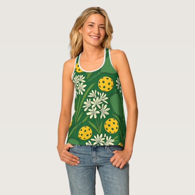 Pickleball Floral Tank Top With Yellow Pickleballs (Front Full)