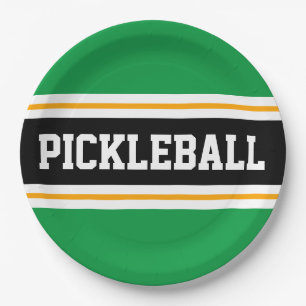PICKLEBALL Fun Athletic Bold Green Black Stripes Paper Plates