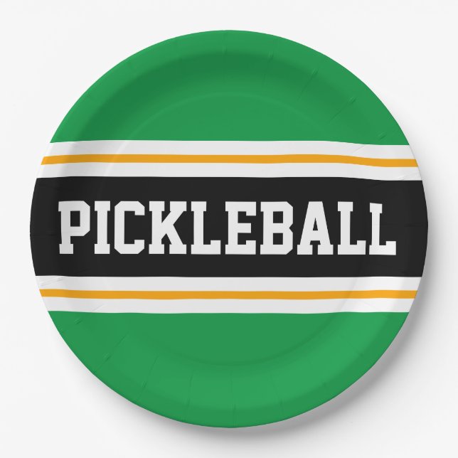 PICKLEBALL Fun Athletic Bold Green Black Stripes Paper Plates (Front)