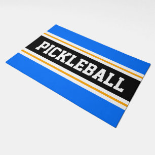 PICKLEBALL Fun Bright Blue Black Orange Stripes Doormat