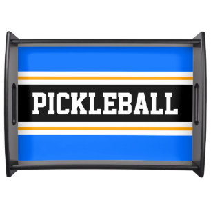 PICKLEBALL Fun Bright Blue Orange Black Stripes Serving Tray