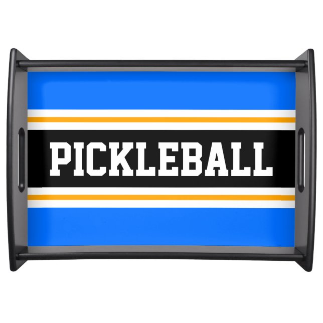  PICKLEBALL Fun Bright Blue Orange Black Stripes Serving Tray (Front)
