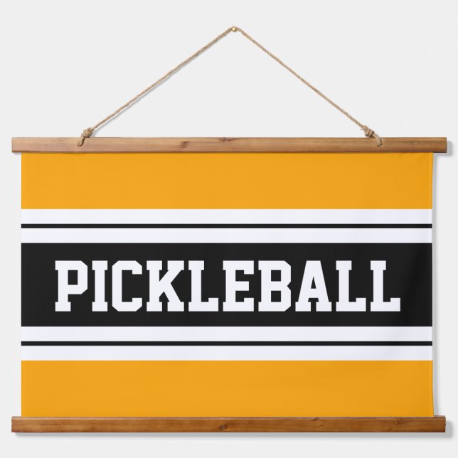 PICKLEBALL Fun Bright Orange Black White Stripes Hanging Tapestry (Front)