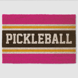 PICKLEBALL Fun Bright Pink Black Racing Stripes Fiber Doormat