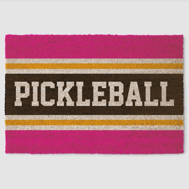 PICKLEBALL Fun Bright Pink Black Racing Stripes Fiber Doormat (Front)