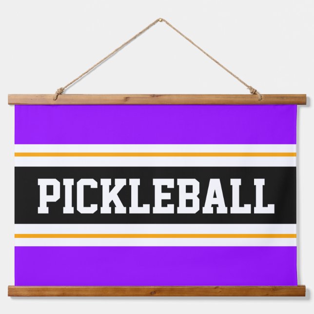 PICKLEBALL Fun Bright Purple Orange Black Stripes Hanging Tapestry (Front)