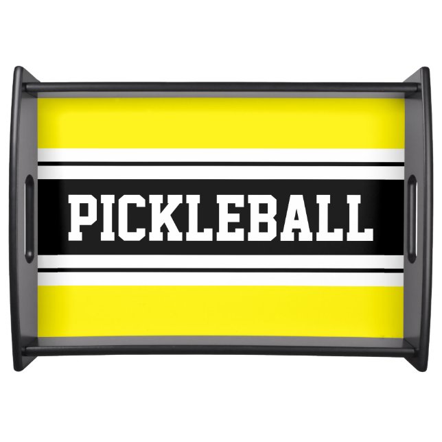  PICKLEBALL Fun Bright Yellow Black Racing Stripes Serving Tray (Front)