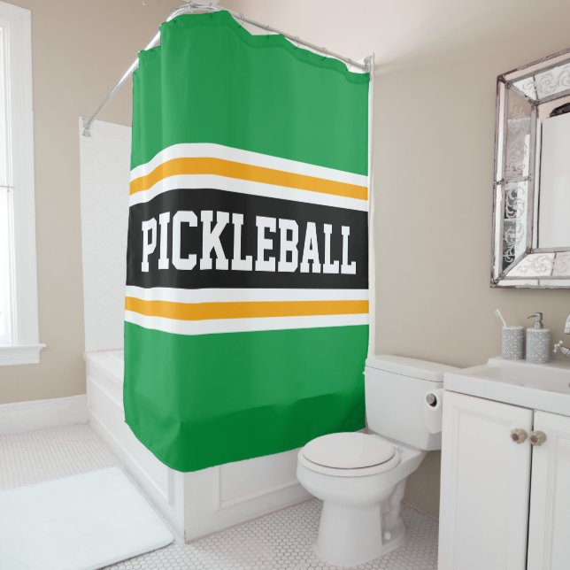 PICKLEBALL Fun Green Black Orange Racing Stripes Shower Curtain (In Situ)