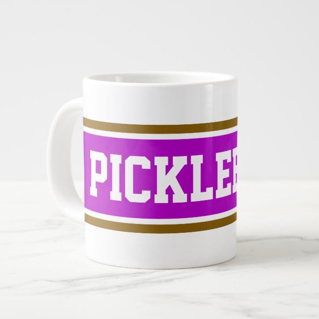 PICKLEBALL Fun Pink White Brown Racing Stripes Giant Coffee Mug (Front Left)