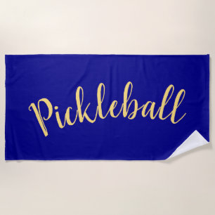 PICKLEBALL Fun Script Royal Navy Blue Background Beach Towel