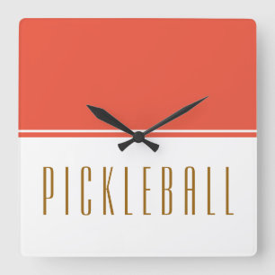 PICKLEBALL Fun Sporty Orange White Color Block Square Wall Clock