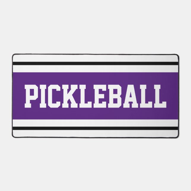 PICKLEBALL Fun Sporty Purple Black White Stripes Desk Mat (Front)