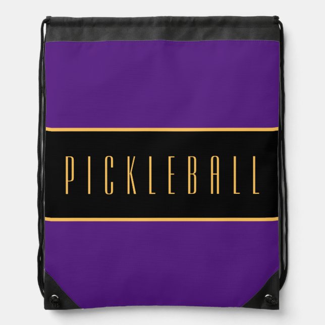 PICKLEBALL Fun Sporty Royal Purple Black Stripes Drawstring Bag (Front)