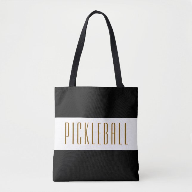 PICKLEBALL Fun Vibrant Black White Stripes Text Tote Bag (Front)