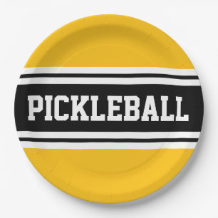 PICKLEBALL Fun Yellow Black White Racing Stripes Paper Plates