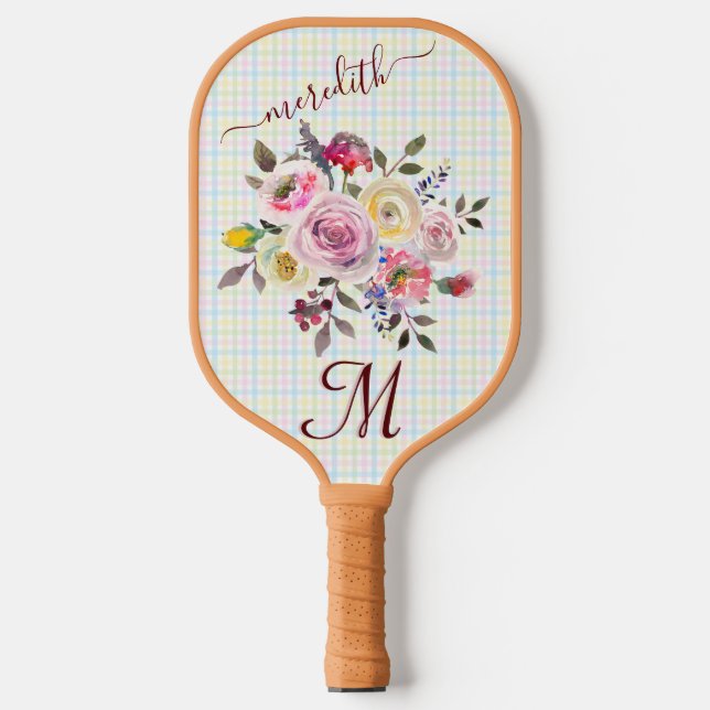 Pickleball Gal: Flowers Plaid Monogram Name   Paddle (Front)